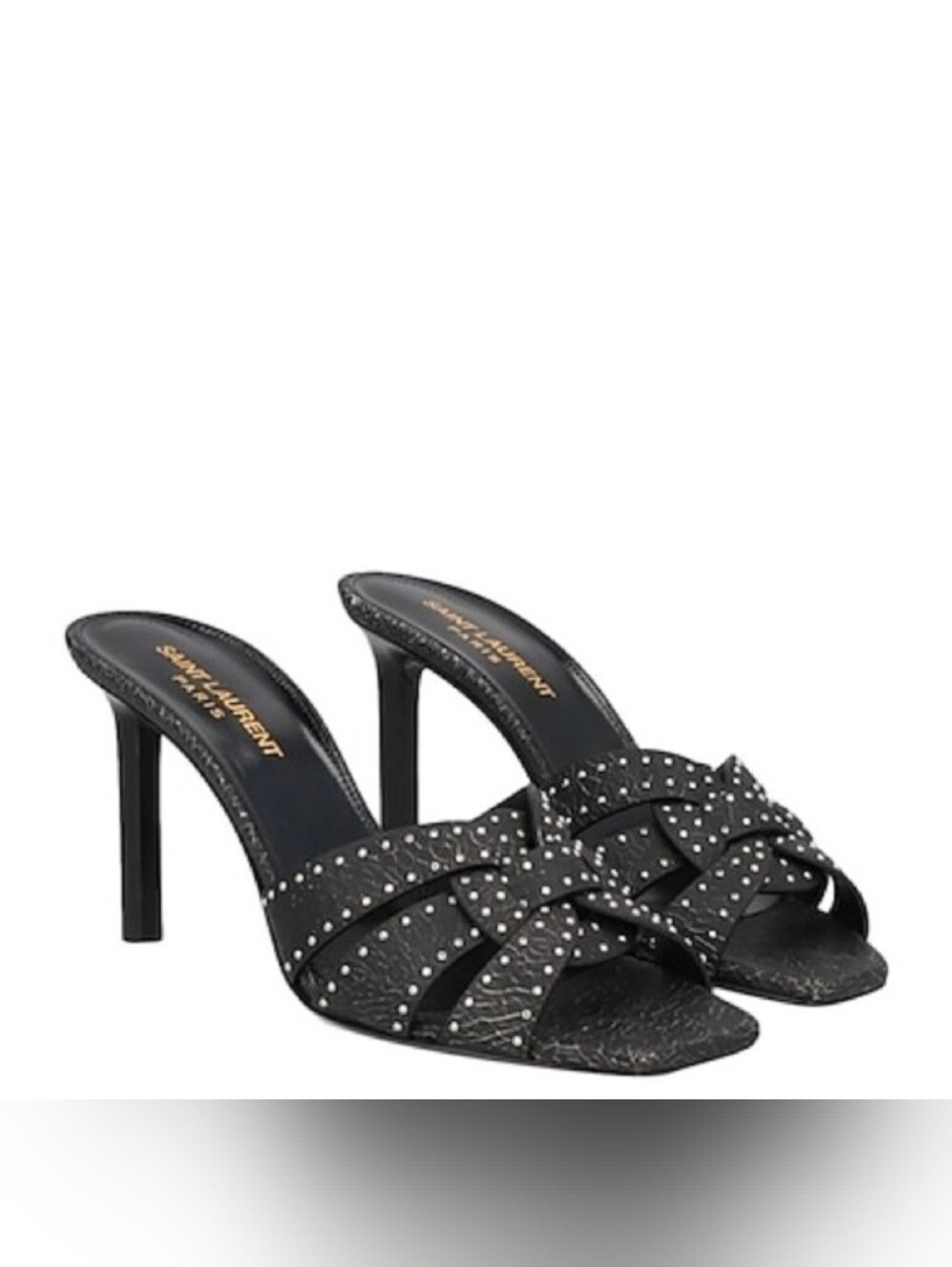 Saint Laurent Black Studded Leather Heeled Slide Sandals - Picture 3 of 11